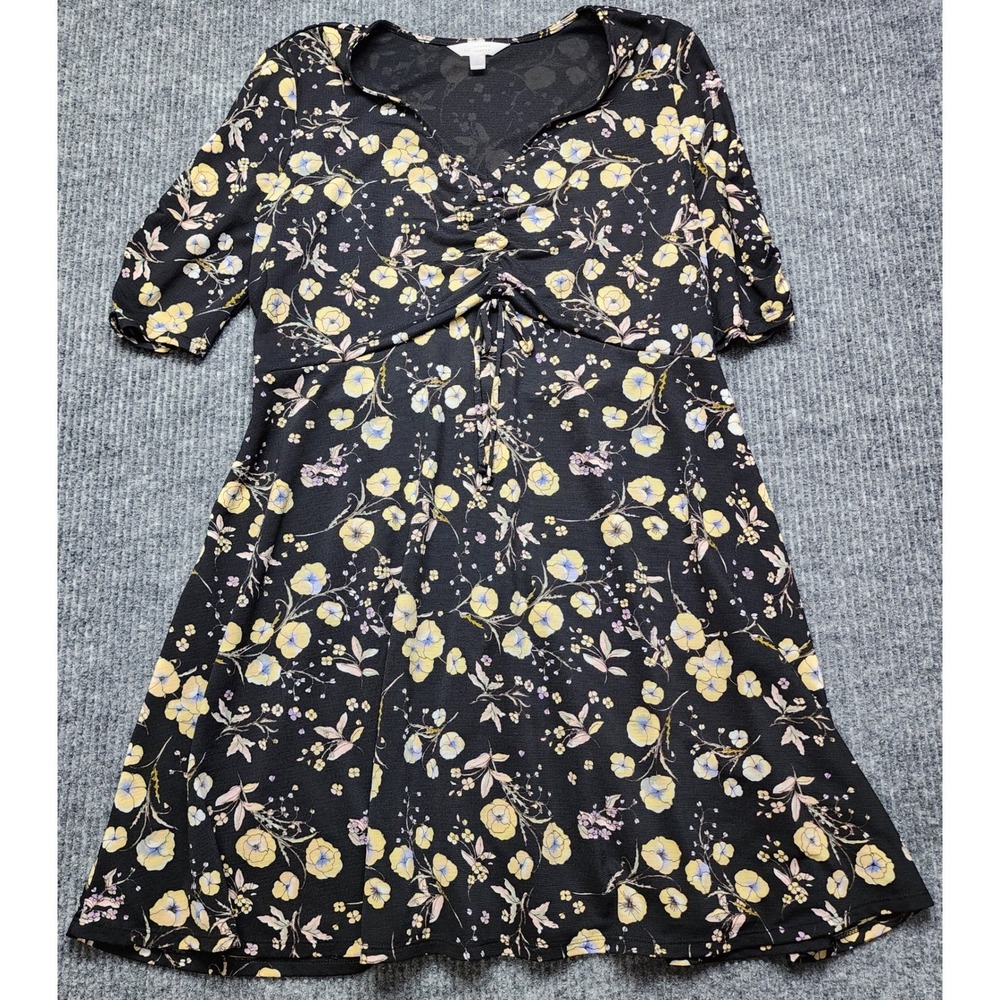 LC Lauren Conrad Black Yellow Floral Babydoll Dress Large Short Sleeve Cinched